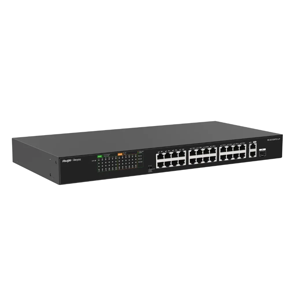 [RG-ES126FGS-LP] Ruijie Reyee PoE Switch RG-ES126FGS-LP, 24-Port 10/100 Mbps with 2-Port Gigabit, Unmanaged PoE Switch (180W)