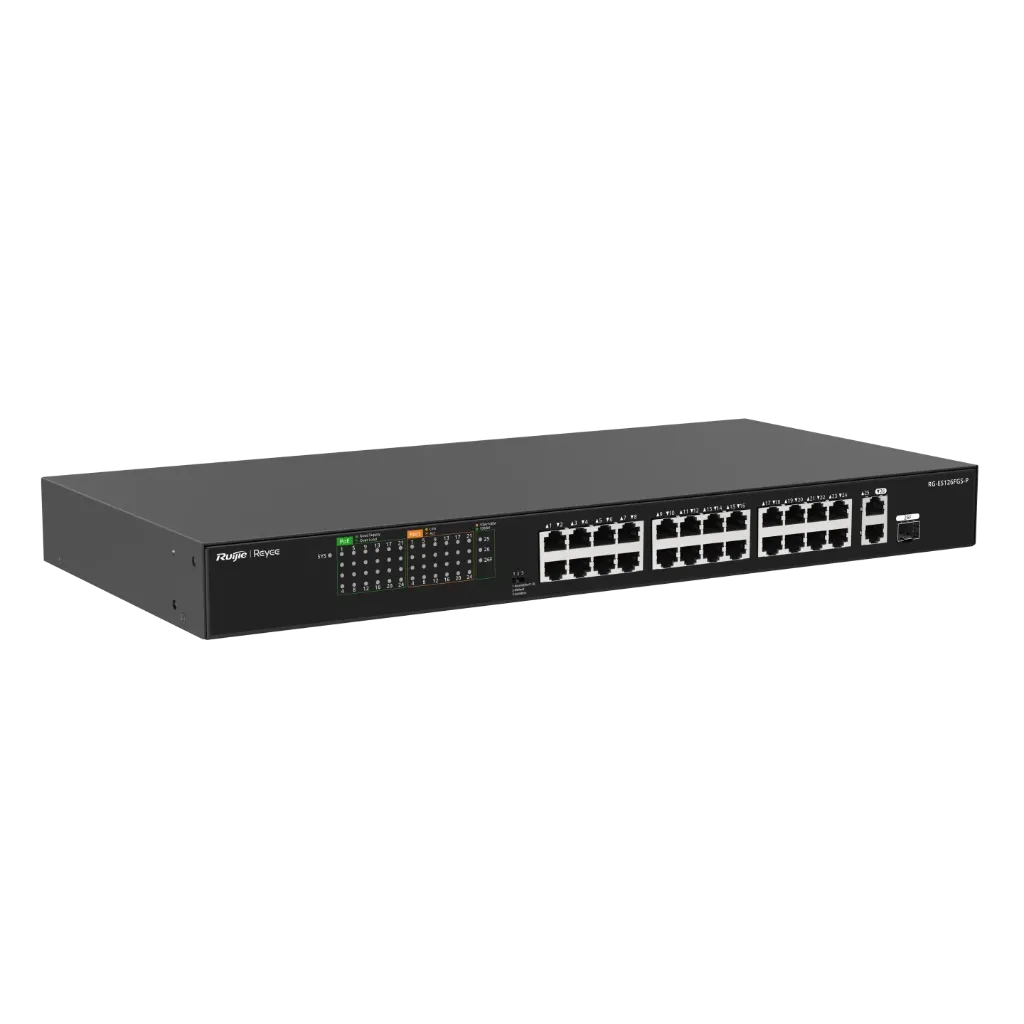 [RG-ES126FGS-P] Ruijie Reyee PoE Switch RG-ES126FGS-P, 24-Port 10/100 Mbps with 2-Port Gigabit, Unmanaged PoE Switch (370W)