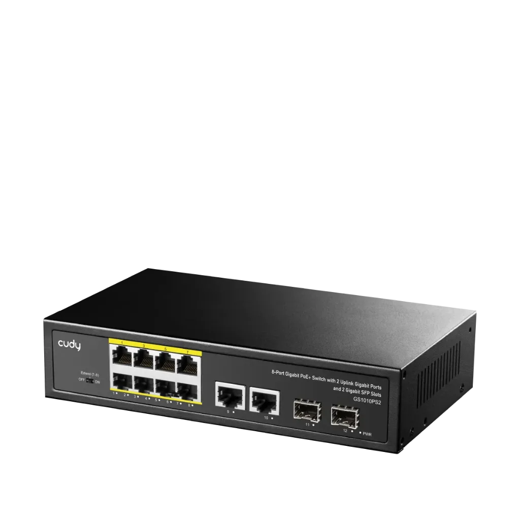 Cudy Switch GS1010PS2, 8 x 10/100/1000 Mbps RJ45 PoE Ports + 2 x 10/100/1000 Mbps RJ45 Uplink Ports + 2 x 1G SFP Uplink Slots, PoE