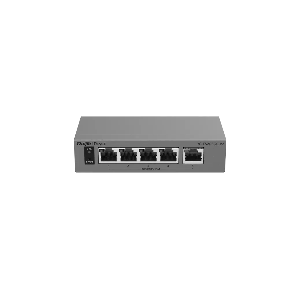 Ruijie Reyee  Managed Switch RG-ES205GC-V2, 5 RJ45 10/100/1000 Mbps ports, 10 Gbps switching capacity, desktop form factor, cloud management support, 802.1Q VLAN support, port isolation, loop prevention